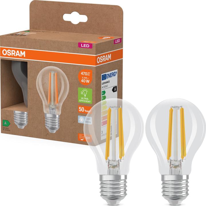 Actual product image Osram LED LAMPS ENERGY CLASS A ENERGY EFFICIENCY FILAMENT CLASSIC A 2.2W 840 Clear E27 (E27, 2.20 W, 470 lm, 6 x, A)