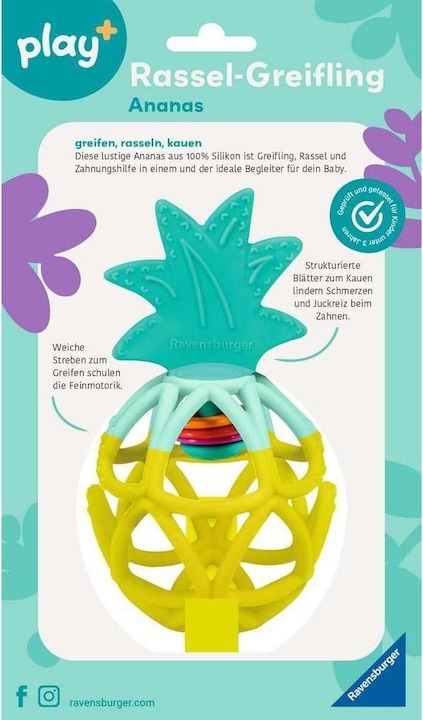 Actual product image Ravensburger 4869 play+ rattle clutching toy: pineapple, teething aid, silicone baby toy from 0