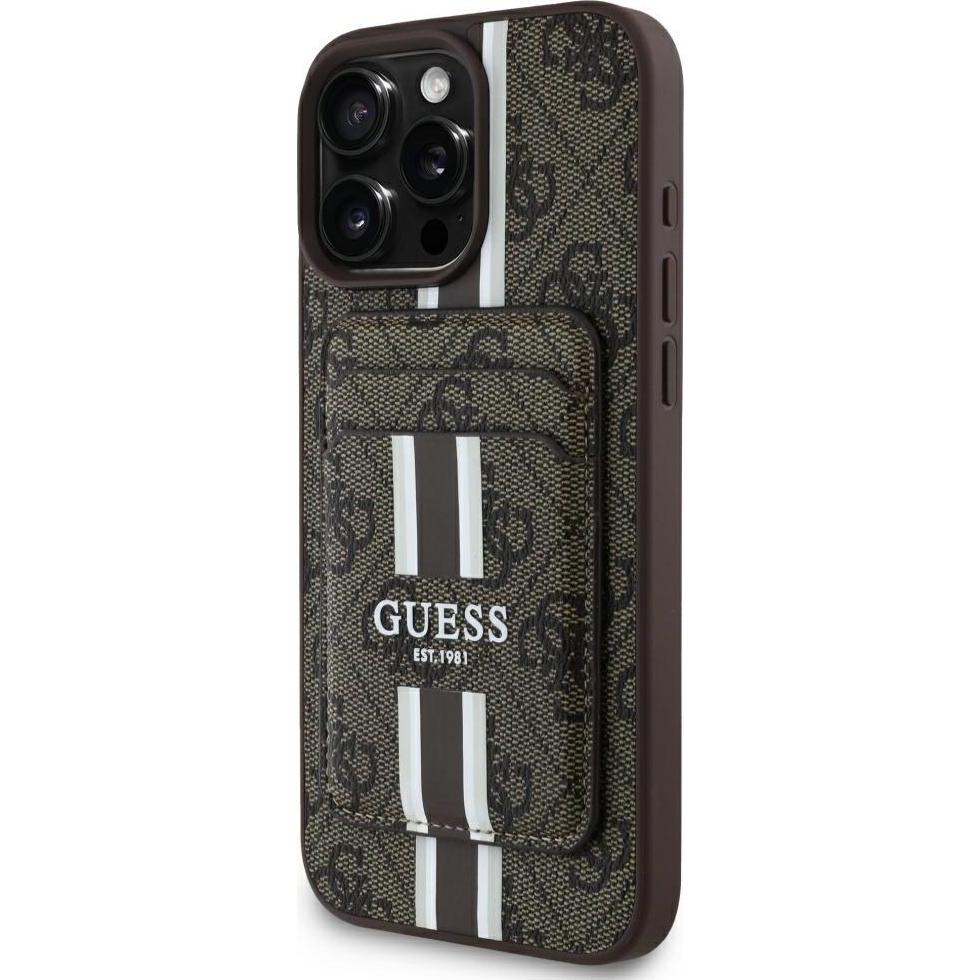 Guess 4G Stripes case with Magsafe wallet for iPhone 16 Pro Max brown (Apple iPhone 16 Pro Max), Cover smartphone, Marrone