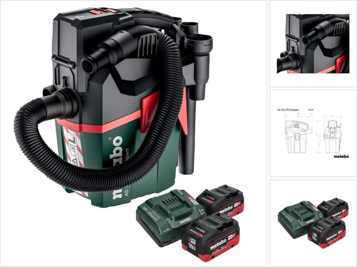 Actual product image Metabo AS 18 L PC Compact cordless vacuum cleaner 18 V 6 l IPX4 dust class L wet and dry + 2x battery 10.0 (Wet dry vacuum cleaner)
