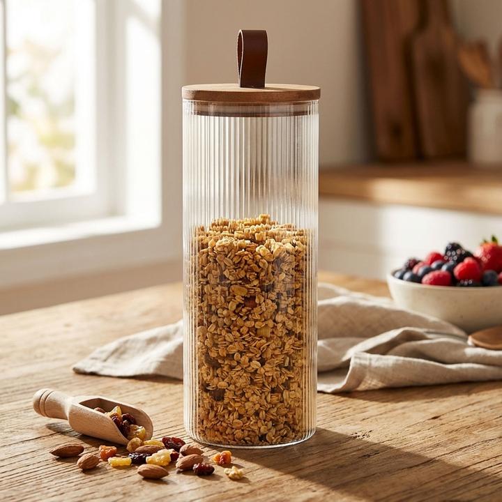 Actual product image Excellent Houseware Storage jar with acacia wood lid, 1900 ml (1.90 l)