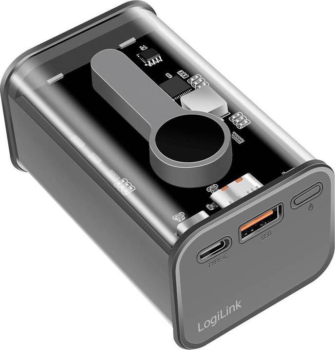 Actual product image LogiLink Powerbank 10000 mAh, 1x USB-A, 1x USB-C, with display, PD & QC, transp. (10000 mAh, 20 W, 37 Wh)