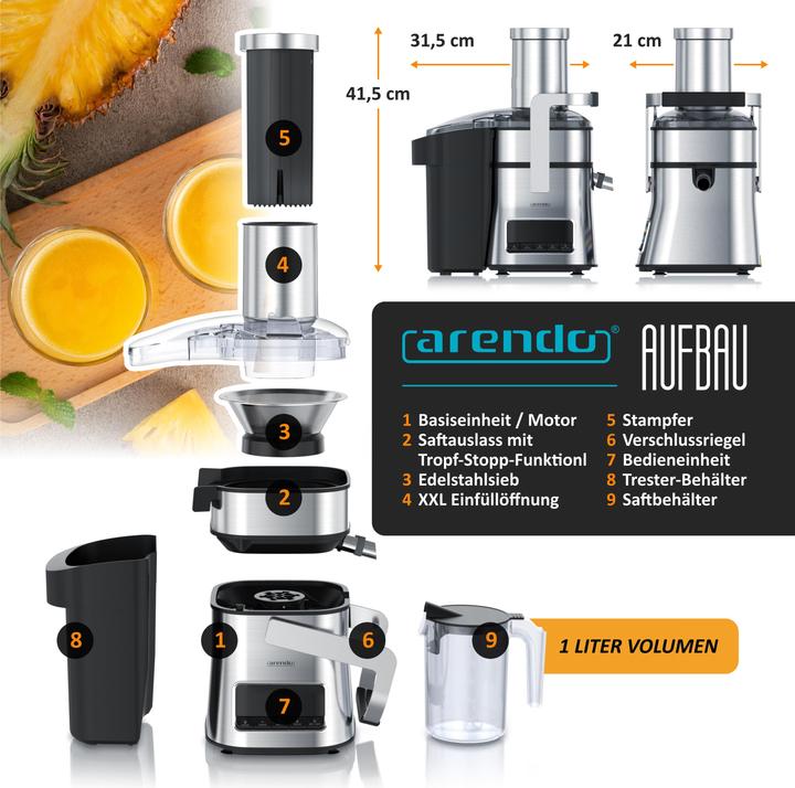 Actual product image Arendo Zentrifugalentsafter, BPA Frei, Edelstahl, 1000W, XXL-Einfüllschacht, Programme, Display, Tropfstopp