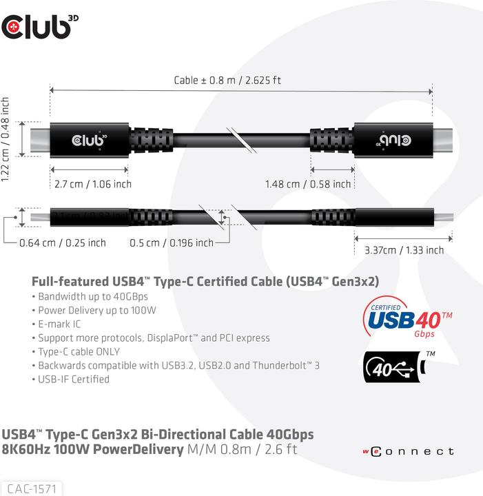 Produktbild Club 3D USB4 Power Delivery (0.80 m, USB 3.2, 100 W)