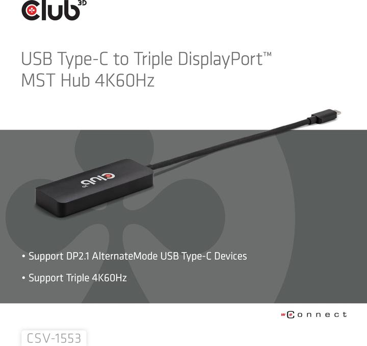 Produktbild Club 3D Club3D MST-Hub USB 3.2 Typ C > 3x DP 4K60Hz St/Bu retail (USB-C)
