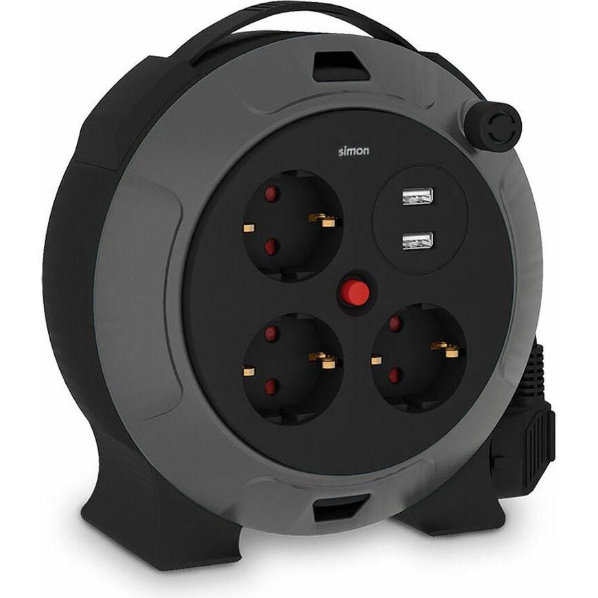 Simon, Avvolgicavi, Cable reel with 2 usb a, 3 2p+tt schuko sockets, 16 a, 230 v, h05vv-f 3 g 1.5 mm², 5 m, black/gray (5 m, 1.50 mm².)