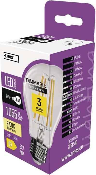 Produktbild Emos LED Lampe Filament A60 / E27 / 7,5 W (75 W) / 1 055 lm / Warmweiss / dimmbar (E27, 75 W, 1055 lm, 1 x, D)
