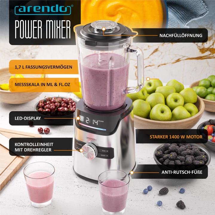 Produktbild Arendo Standmixer 1400W, Display, 6 Geschwindigkeiten, 1,7l, 3 Programme, Pulsfunktion, Sicherheitssperre (1400 W)