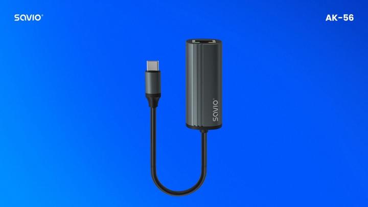 Actual product image Savio Adapter USB-C 3.1 Gen.1 M to RJ-45 Gigabit Ethernet F 1000 Mbps AK-56 grey (USB-C)