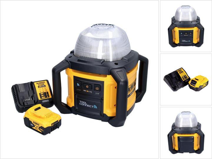 1x Dewalt DCB 184 18 Volt 5 Ah battery, 1x DeWalt DCL 074 cordless construction site spotlight, 1x Dewalt DCB charger