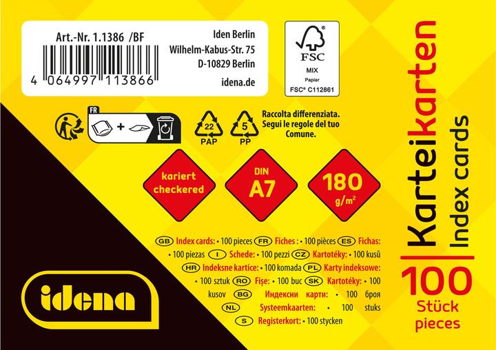 Produktbild Idena Karteikarten kariert 180g/m² weiss DIN A7 100 Stück (A7, 180 g/m²)