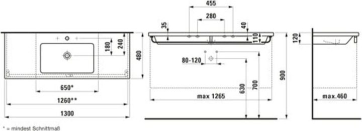 Produktbild Laufen Living Square Waschtisch, 1 Hahnloch, mit Überlauf, 1300x480, einseitig schneidbar bis 97,5c (1387 mm, 235 mm)