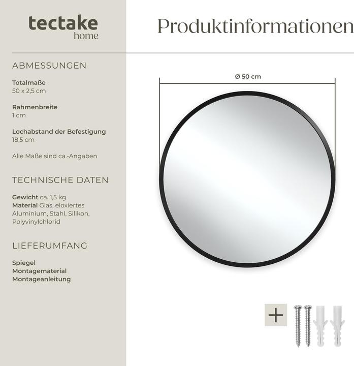 Produktbild tectake Runder Wandspiegel Fiona mit Aluminiumrahmen (Ø 50 cm)