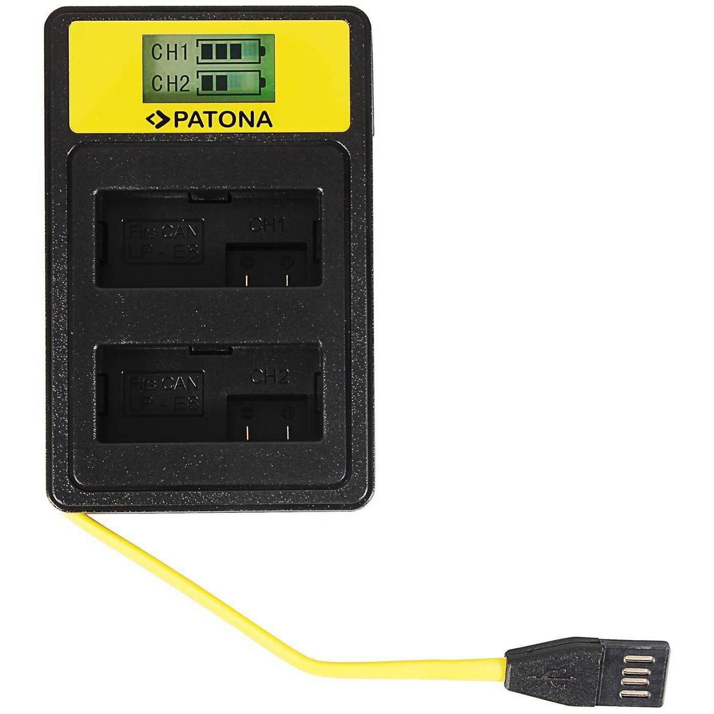 Patona Caricabatterie intelligente doppio LCD USB Canon LP-E8 (Caricabatterie per fotocamere), Alimentatore fotocamera, Giallo, Nero