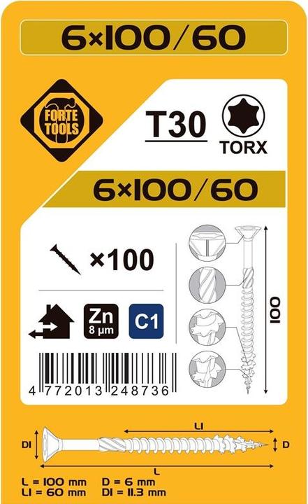 Actual product image Forte tools CHIPBOARD SCR T30 6.0X100/60 WHIT ZN(100 (100 Screws per piece)