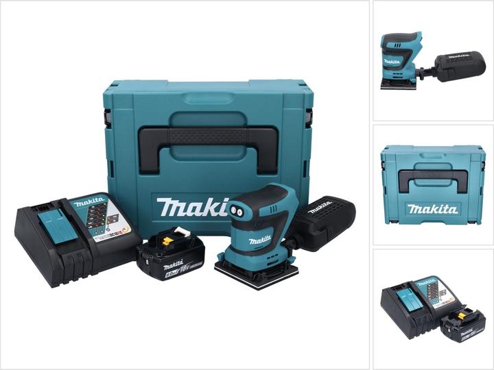 1x Makita DBO 481 Akku Schwingschleifer, 1x Staubbox, 1x Makita BL 1860 B 18 V 6,0 Ah Akku (197422-4), 1x Makita DC 18 RC Akku Schnell Ladegerät 7,2 V - 18 V (195584-2), 1x Makpac, 1x Universaleinlage