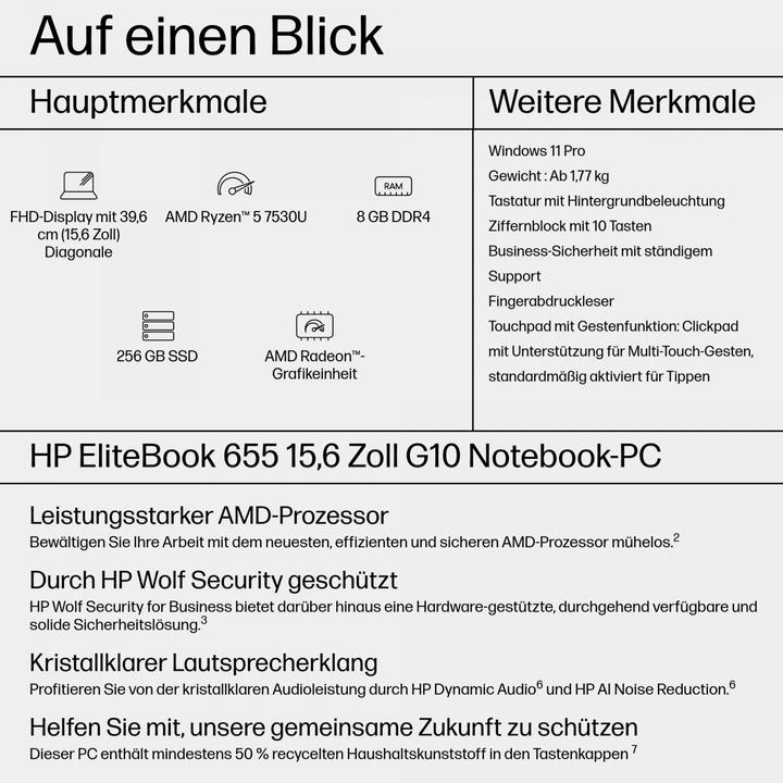 Actual product image HP EliteBook 655 G10 (15.60", 256 GB, 8 GB, DE, AMD Ryzen 5 7530U)