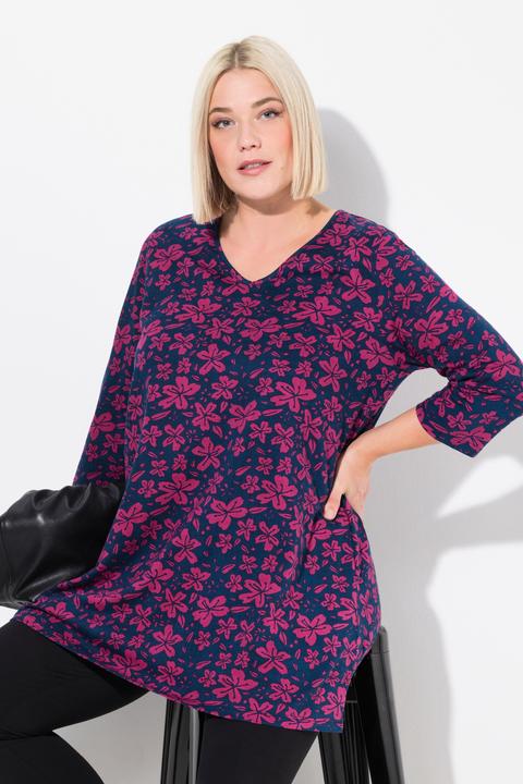Immagine prodotto Ulla Popken Maglia dal taglio lungo e svasato con fiori, scollo a V e maniche a 3/4 (56)