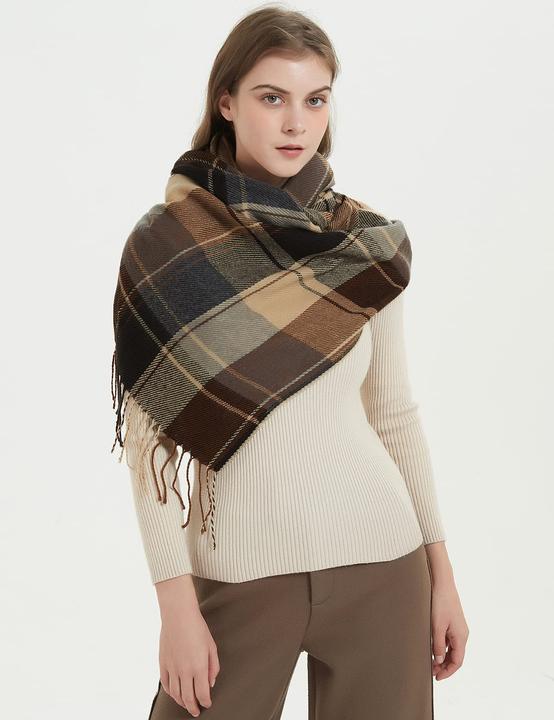 Immagine prodotto Only-Bags.Store Sciarpa triangolare a quadri, sciarpa pashmina, sciarpa morbida con nappe, sciarpa a portafoglio