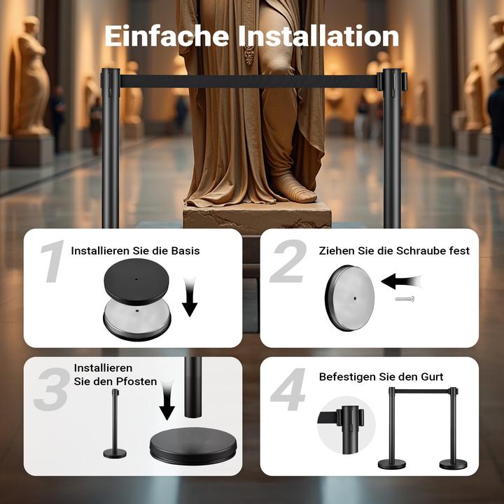 Image du produit Wiltec Barrière mobile 32x7x90cm en acier noir système de contrôle des foules cordon de serrage