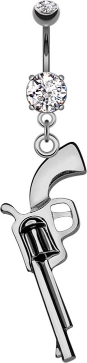 Star Piercing Banane dunkelsilber mit zwei Kugeln Kristall silber Anhänger Revolver (Messing, Chirurgenstahl 316L)