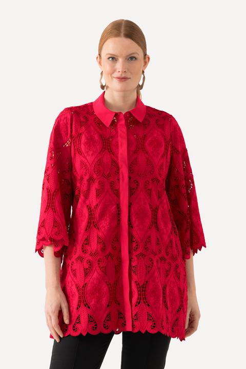 Image du produit Ulla Popken Chemisier en dentelle avec col chemise, silhouette en A, ourlet « festonné » et manches 3/4 (42, 44)