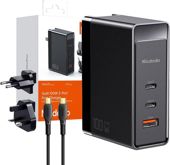 Actual product image Mcdodo GaN CH-8101 Pro universal UK/US/EU travel charger/adapter, 100W, 2xUSB-C, USB-A (black) (100 W, 3 ports)