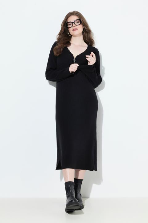Produktbild Ulla Popken Rippjersey-Midikleid, Zipper, A-Linie, V-Ausschnitt, Langarm (50, 52)