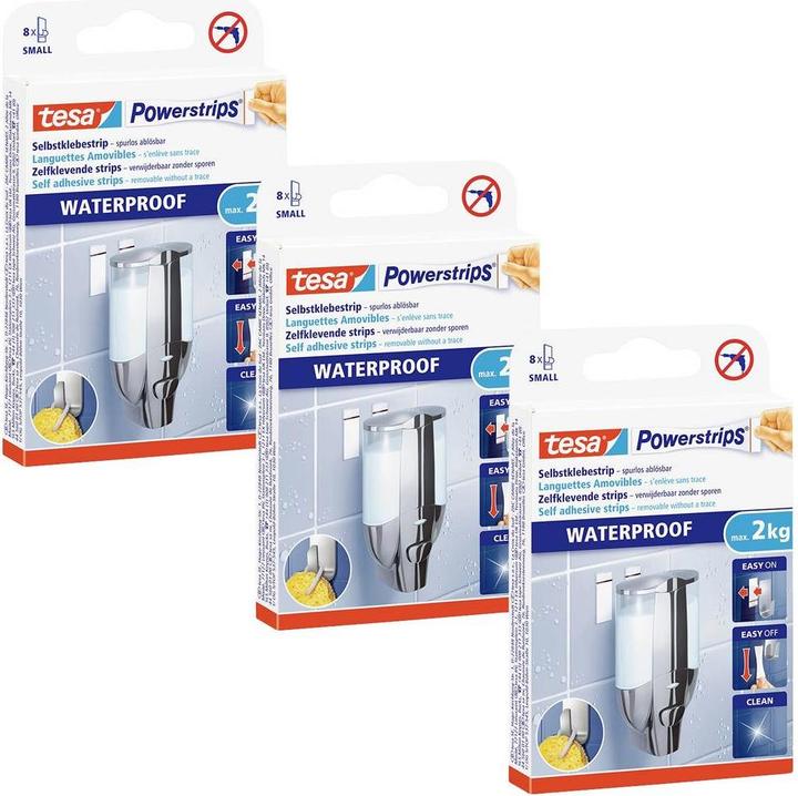 Produktbild tesa 3x wasserfeste Powerstrips LARGE, 2kg Halteleistung, 18 doppelseitige Klebestreifen