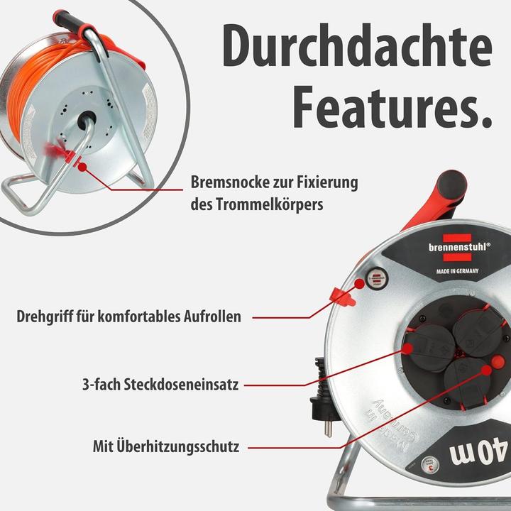 Actual product image Brennenstuhl Outdoor Cable Reel with Overheating Protection and 3 Waterproof Sockets (40 m, 1.50 mm²)