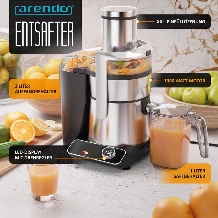 Actual product image Arendo Zentrifugalentsafter, Edelstahl, BPA Frei, 1000W, XXL-Einfüllschacht, Programme, Display, Tropfstopp