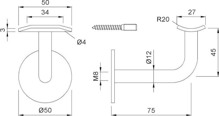 Actual product image Magni KWS 4570 Handrail support St.silver f.75 mm wall spac. (Steel)
