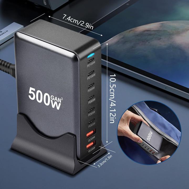 Image du produit PhoneLook Station de charge rapide 500W 8 ports USB PD Quick Charge 3.0 USB-C avec câble inclus prise CH/EU in (500 W)