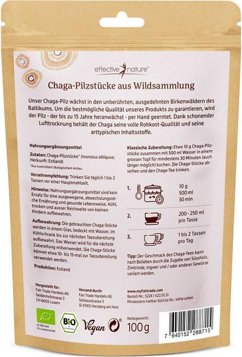 Valori nutrizionali e ingredienti Effective Nature Bocconcini di funghi Chaga (1 Pezzo/i, 100 g)