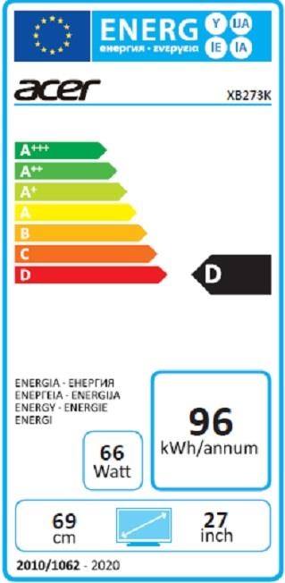 Energielabel Acer Roofvis XB273KP (3840 x 2160 Pixels, 27.01")