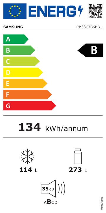 Label énergétique Samsung Bespoke RB38C7B6BB1 noir Réfrigérateur-congélateur, noir (387 l)