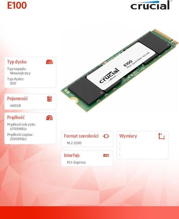 Produktbild Crucial 480 GB SSD E100 Gen 4.0 PCIe x4 NVMe (CT480E100SSD8) (480 GB, M.2 2280)