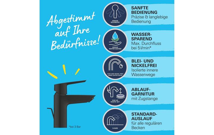 Produktbild Grohe Start QuickFix Lavaboarmatur S-Size, Zugstange, inkl. 3-in-1 Tool, wassersparend, mattschwarz