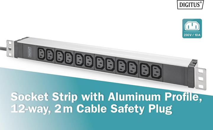 Actual product image Digitus 1U Aluminum PDU rackmountable 12xC13 16A 230VAC 50/60Hz Safety plug