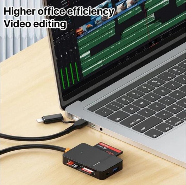 Actual product image PowerGuard 8-in-1 USB-C Lightning Hub with USB-A, SD, MicroSD, CF, MS Cardreader (Lightning, USB-C, MicroDot)