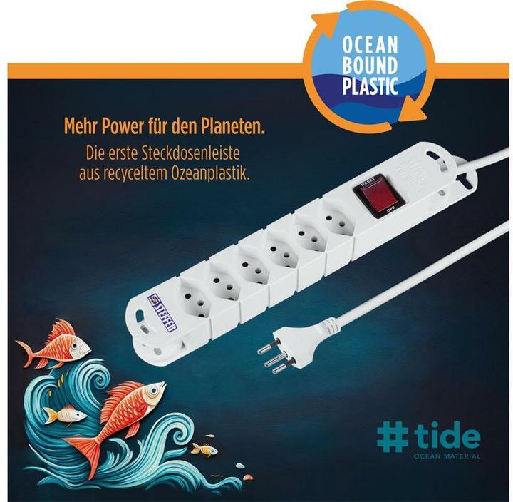 Produktbild Steffen Steckdosenleiste TIDE 6xT13 3m mit Schalter und Haftmagnete ws (6 x, Typ 13, 3 m)