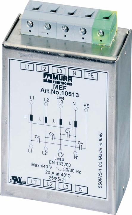 Murr Elektronik MEF mains suppression filter 3-phase 1-stage with N I:20A U:4x440 VAC can be snapped on