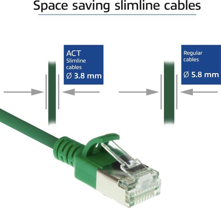 Produktbild ACT Green 2 meter LSZH U/FTP CAT6A datacenter slimline patch cable snagless with RJ45 connectors (U/FTP, CAT6a, 2 m)