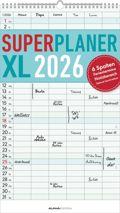 Image du produit Alpha Edition Superplaner XL 2026 6 Spalten - Familien-Timer 26x45 cm - Offset-Papier - mit Ferienterminen - (26 x 45 cm, Couverture rigide, Allemand)