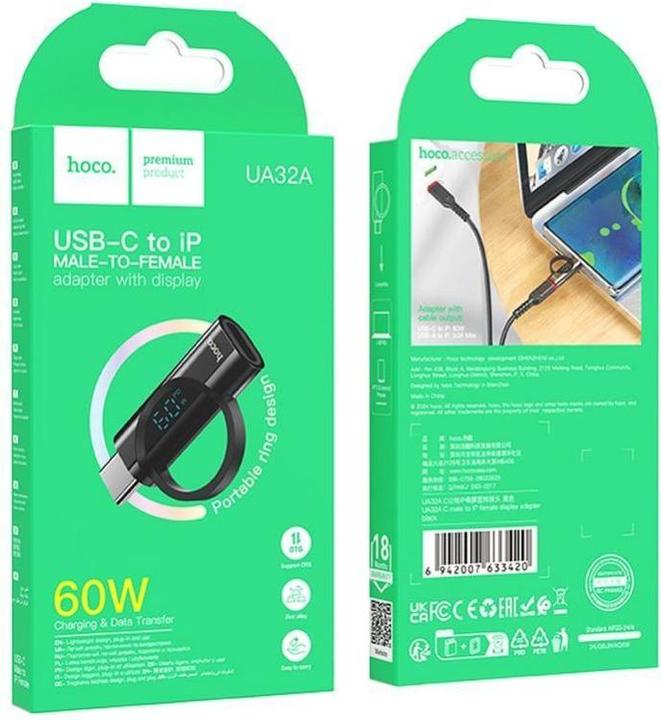 Actual product image Hoco Cable adapter Type C (male) to Lightning (female) with digital display 3A 60W UA32A black (Lightning, USB-A)