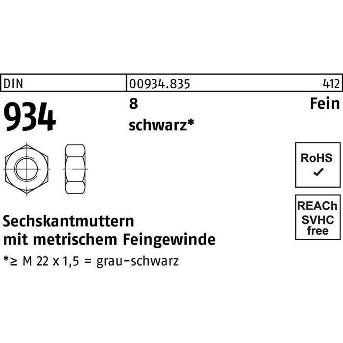 Muttern + Unterlegscheiben, Sechskantmutter DIN 934 M 30 x 1,5 8 schwarz (M30)