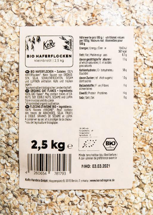 Nutritional values and ingredients KoRo Oatmeal (2500 g)