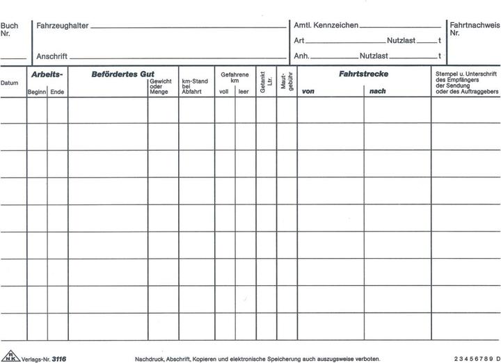 Nährwerte und Zutaten Rnk Verlag Fahrtenbuch, Lkw mit Kraftstoffverbrauch Formularbuch 3116 (50 x)