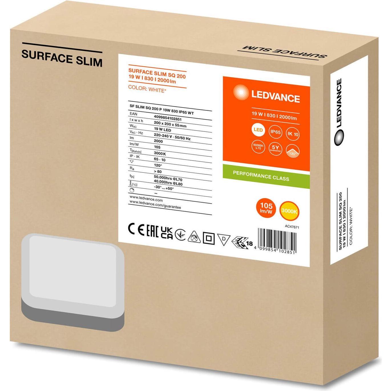 Thumbnail - Ledvance, Wandleuchte + Deckenleuchte, SURFACE SLIM Wand-/Deckenleuchte IK10 200 19W 830 weiss IP65 (2000 lm)