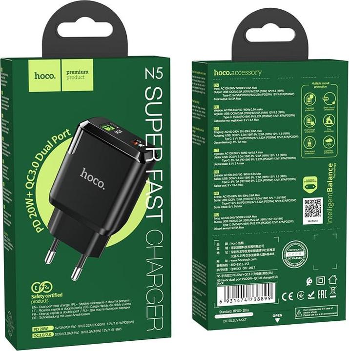 Produktbild Hoco - Wall Charger Favor (N5) - USB-A, USB Type-C, Q.C 3.0, PD 20W, 3.0A - Black (20 W, 2 Ports)